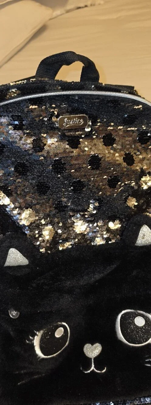 Justice Black & Silver Sequin Cat Backpack with Silver Glitter Crossbody